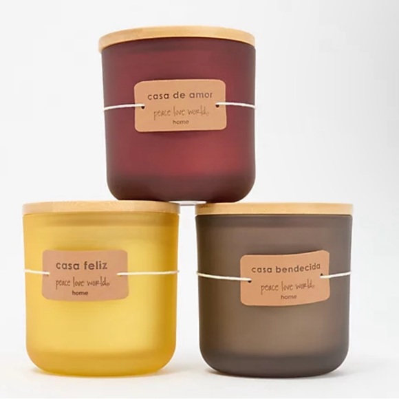 Peace Love World Set of 3 Frosted Glass Candles with Bamboo Lid - Picture 2 of 4